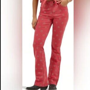 WRANGLER HIGH RISE BOLD BOOT CUT RED PINK DIAMOND BANDANA PRINT JEANS NWT $99 10